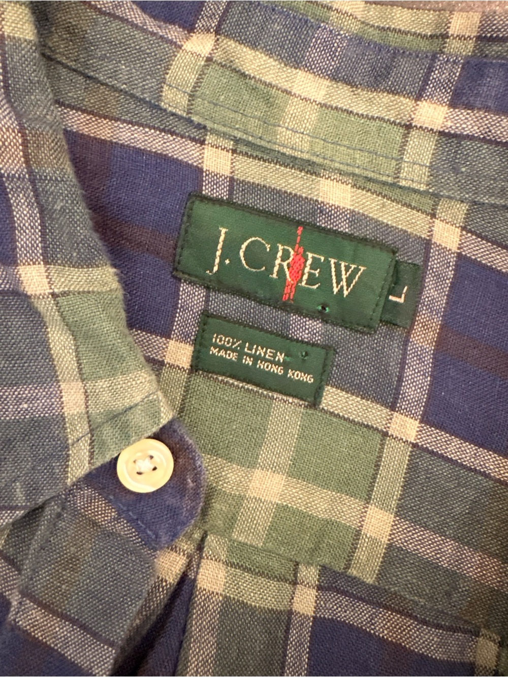 J. Crew Linen Olive Green and Navy Plaid Button-Front Shirt Large - Picture 3 of 7